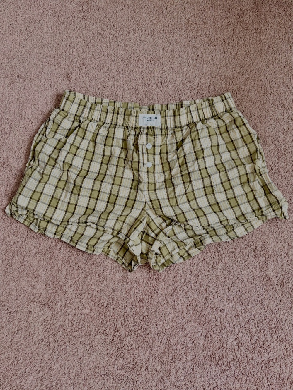 American Eagle Lounge Shorts Plaid Olive Green Pockets Loungewear Basics Size M